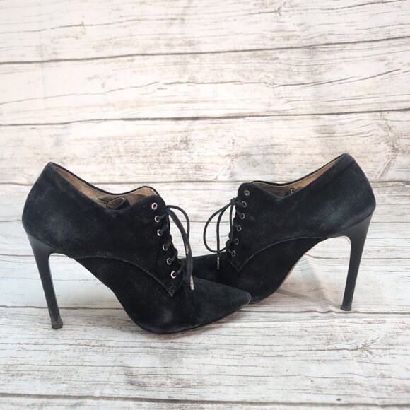 L.A.M.B. Black Suede Lace Up Stiletto Ankle Booties Women Size 8.5 - Picture 2 of 8